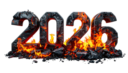 Fiery metallic "2026" digits with fractured surface and glowing lava