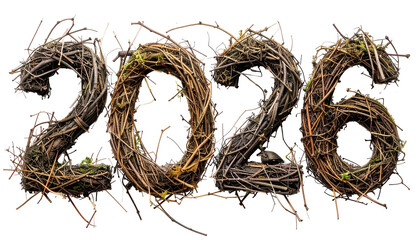 Numbers 2026 formed from intertwined twigs with a touch of greenery