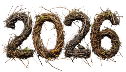 Numbers 2026 formed from intertwined twigs with a touch of greenery