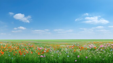 Fototapeta premium Vibrant Meadow with Colorful Wildflowers Under a Clear Blue Sky and Soft White Clouds in a Tranquil Landscape Filled with Natural Beauty