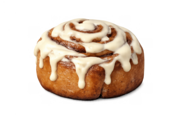 Cinnamon roll with white icing on transparent background, sweet swirled pastry, dessert, breakfast food, bakery item