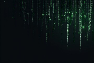 A dark background with vertical lines of glowing green light, resembling a digital matrix pattern.