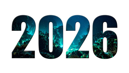 2026" text filled with a vibrant ocean scene against black