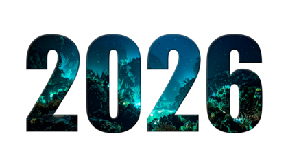 2026" text filled with a vibrant ocean scene against black