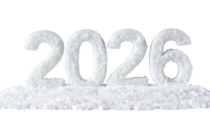 2026, composed of snow-like material, resting on a bed of similar flakes