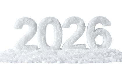 2026, composed of snow-like material, resting on a bed of similar flakes