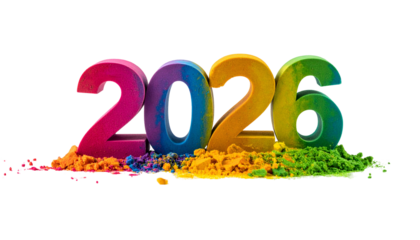 Colorful 3D "2026" text on powder against black, for New Year