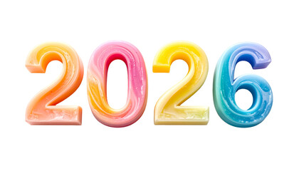 The year 2026 rendered as colorful, swirled, glossy, and layered digits