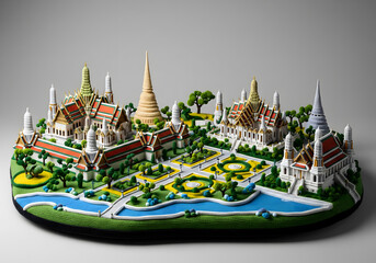 A crochet high-detail 3D model landscape diorama of the Grand Palace, Bangkok, Thailand