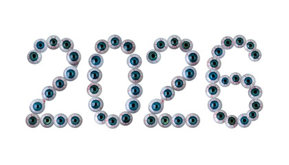 2026" spelled out with multiple blue, green and brown eyeballs on black