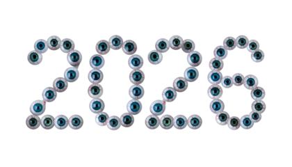 2026" spelled out with multiple blue, green and brown eyeballs on black