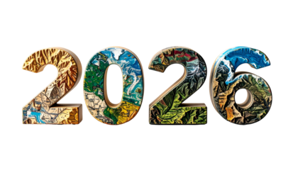 Artistic depiction of "2026", with each digit filled with various landscapes