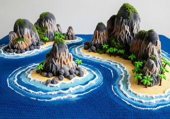 A high-detail crochet 3D model landscape diorama of Phi Phi Islands, Thailand