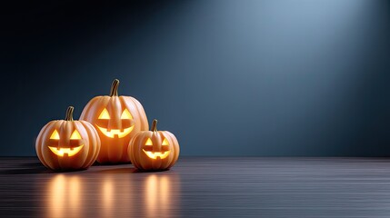 Festive Halloween Pumpkins with Jack-o'-lantern Faces Glowing in Dim Light on Wooden Floor Creating Spooky Atmosphere for Celebration