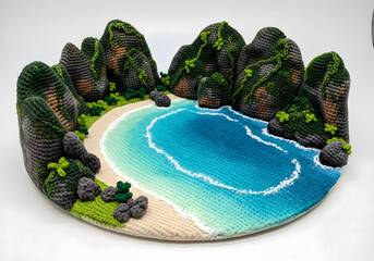 A premium crochet 3D model landscape diorama of Maya Bay, Thailand