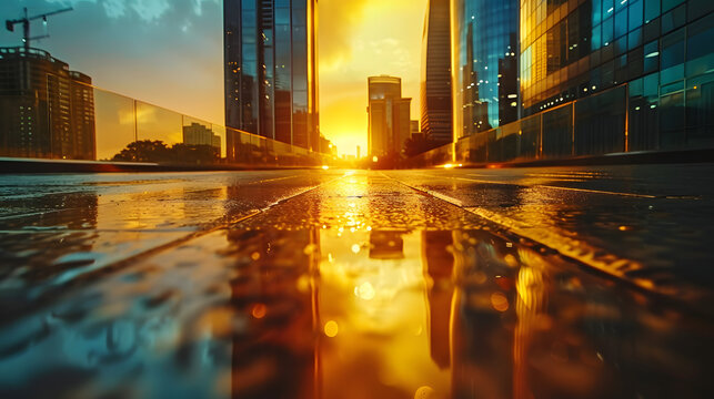 extreme low angle ground camera view cityscape