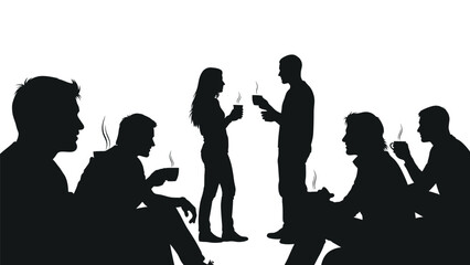 Group of people sitting and standing with coffee cups in their hands