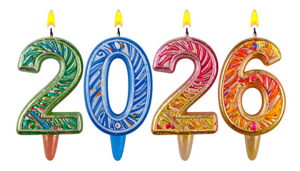 Colorful candle numbers spell "2026" with lit flames, on black