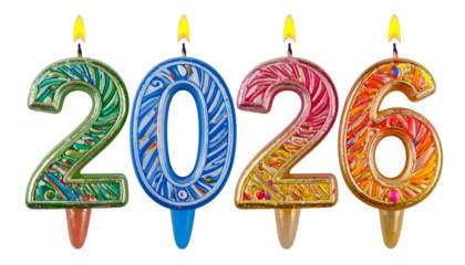 Colorful candle numbers spell "2026" with lit flames, on black