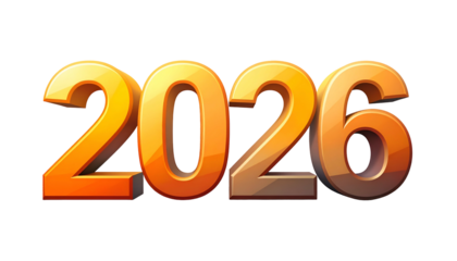 Vibrant golden 3D text displays the year 2026, set against black