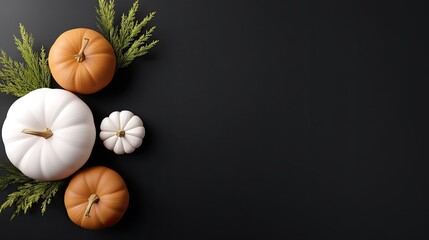 Beautiful collection of pumpkins with green foliage on a dark background, perfect for autumn, harvest, Thanksgiving or fall-themed designs and decorations