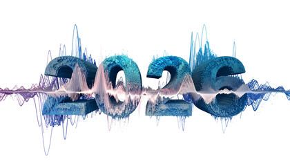 Digital "2023" text with a soundwave effect, blue/purple hues, black background