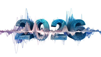Digital "2023" text with a soundwave effect, blue/purple hues, black background