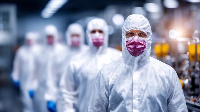 Hazmat Team's Vigil: A determined team in protective suits stands in a high-tech facility, ready to confront an unknown threat with diligence.