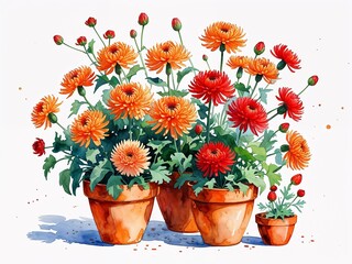 Orange and red chrysanthemums in terracotta pots painting art design watercolor illustration on plain white background