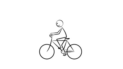 Stick Figure Riding Bicycle, Enjoying Cycling on Isolated White Background