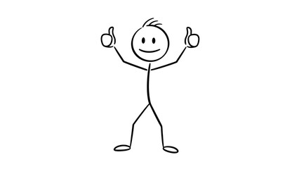 Happy Stick Figure Smiling and Giving Two Thumbs Up for Approval on an Isolated White Background