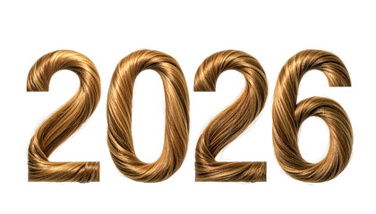 2026" digits formed of flowing, detailed golden brown hair, black backdrop