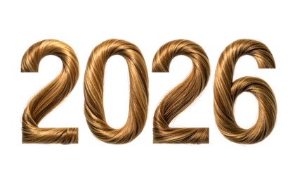 2026" digits formed of flowing, detailed golden brown hair, black backdrop