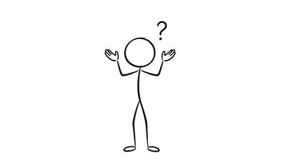 Stick Figure Man Shrugging Shoulders with Question Mark Above Head, Feeling Confused, Isolated White Background
