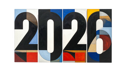 Abstract art of 2026 displayed with bold black numbers and geometric panels