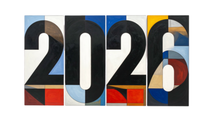 Abstract art of 2026 displayed with bold black numbers and geometric panels