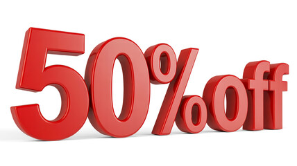 A 3D rendered image of the text 50% OFF in bright red color against a pure white background.