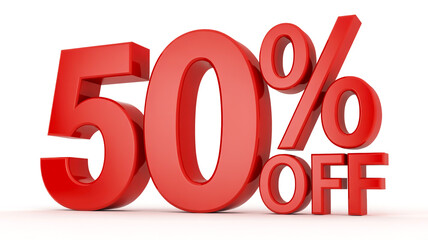 A 3D rendered image of the text 50% OFF in bright red color against a pure white background.
