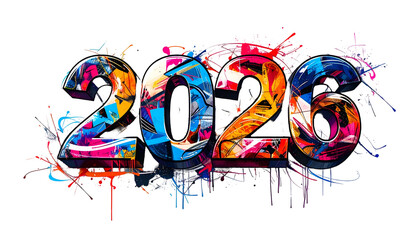 Colorful, graffiti-style "2026" with paint splatters against black