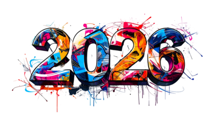 Colorful, graffiti-style "2026" with paint splatters against black
