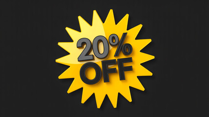 A 3D rendered sale discount graphic with a bright yellow starburst design against a black background.