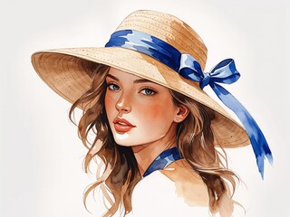 Summer hat in beige straw with wide brim and blue ribbon painting art design watercolor illustration on plain white background