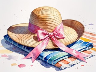 Sun hat with pink ribbon and wide brim on beach towel painting art design watercolor illustration on plain white background