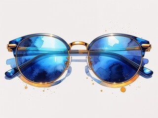 Sunglasses with reflective lenses in blue and gold painting art design watercolor illustration on plain white background