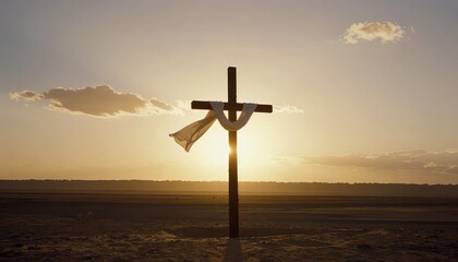 A solitary wooden cross, adorned with a gentle white cloth, stands against a vast, flat landscape as the sun dips below the horizon, creating a serene and reflective spiritual atmosphere.