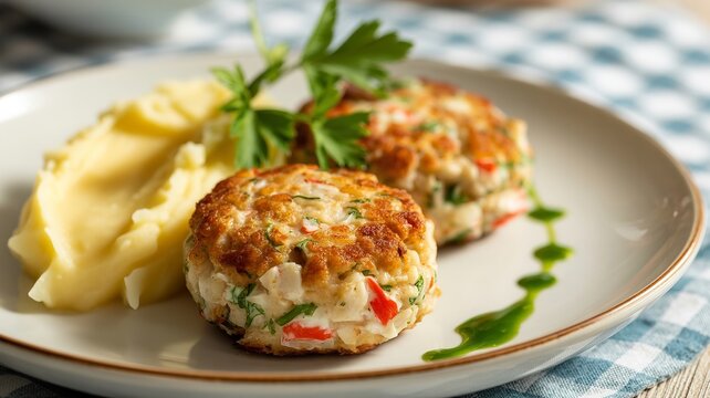 Homemade Pan Seared Fish Cakes With Creamy Mashed Potatoes And Fresh Parsley Garnish Served On White Plate Gourmet Seafood
