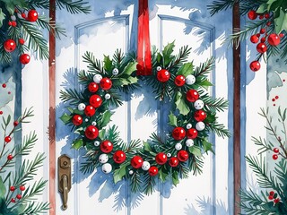 Winter berry wreath in red green and white hanging on door painting art design watercolor illustration on plain white background