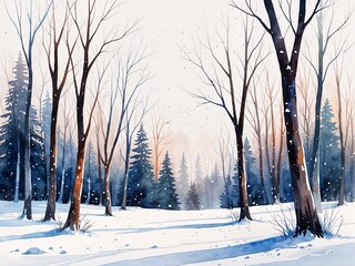 Winter forest with bare trees and white snow blanket painting art design watercolor illustration on plain white background