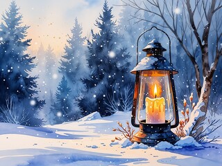 Winter lantern with glowing candle and snow dust painting art design watercolor illustration on plain white background