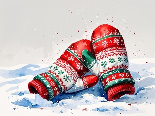 Winter mittens in red white and green patterns lying on snow painting art design watercolor illustration on plain white background